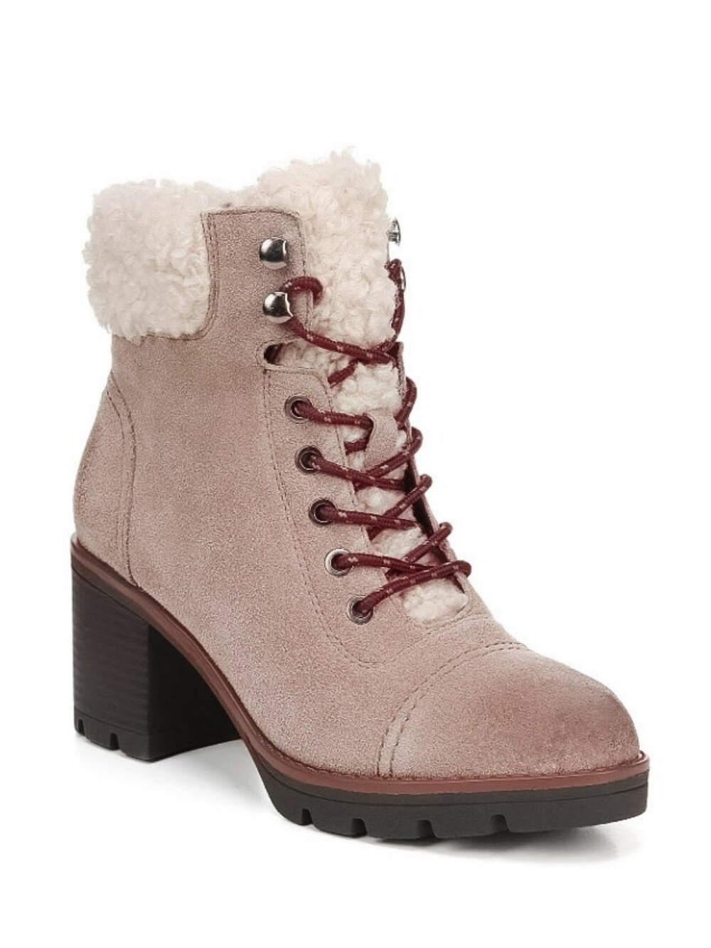 New Varuna II Taupe Suede Women's Faux-Shearling Lace-Up Hiker Boots w/ Heel